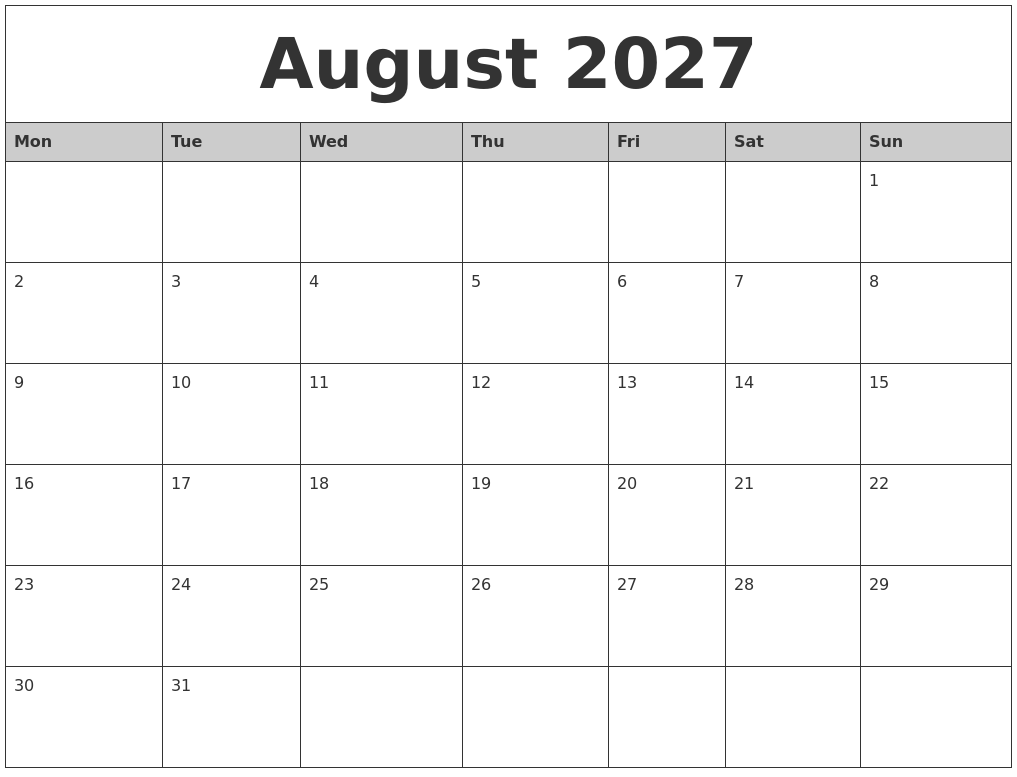 August 2027 Monthly Calendar Printable August 2027 Monthly Calendar Printable