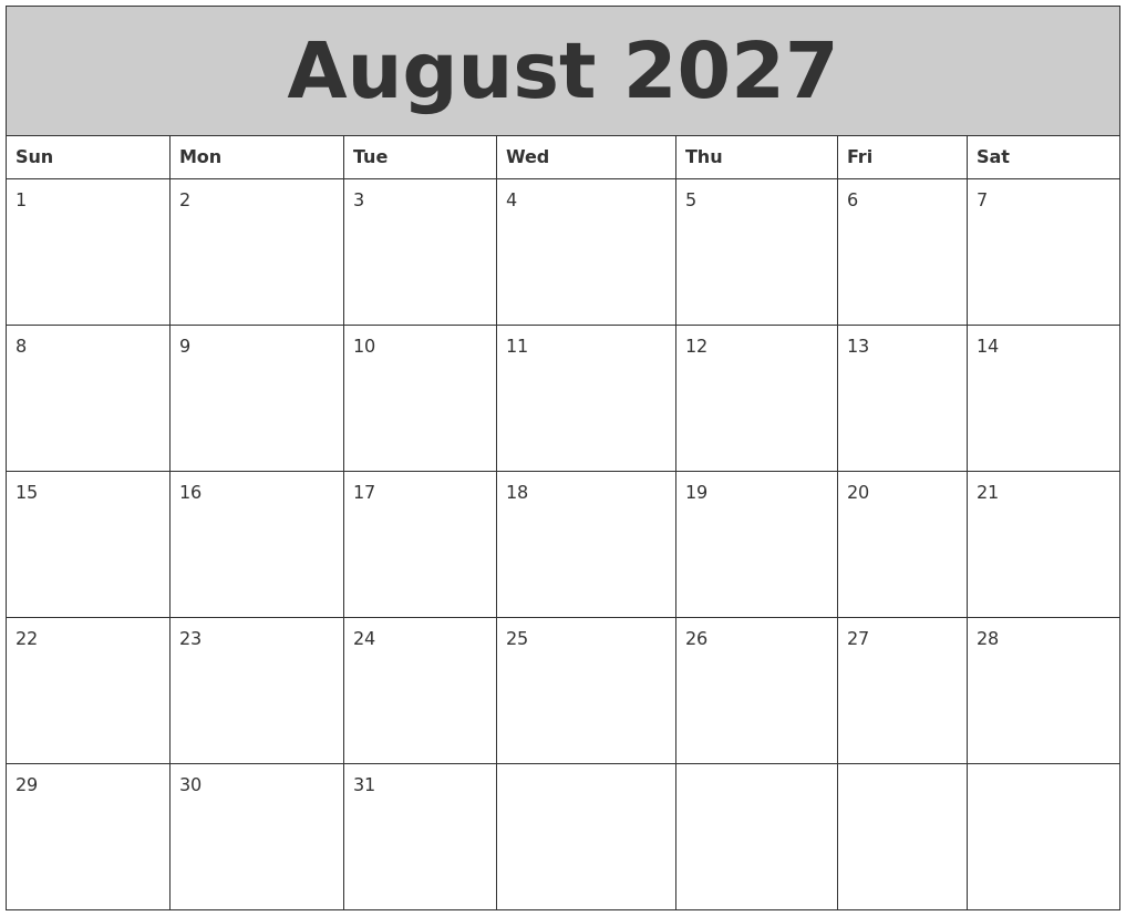 August 2027 My Calendar