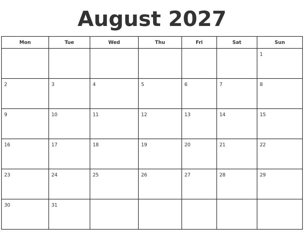 August 2027 Print A Calendar