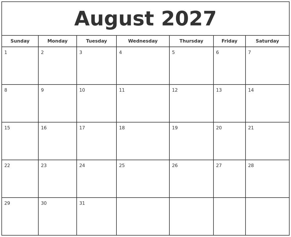 August 2027 Print Free Calendar