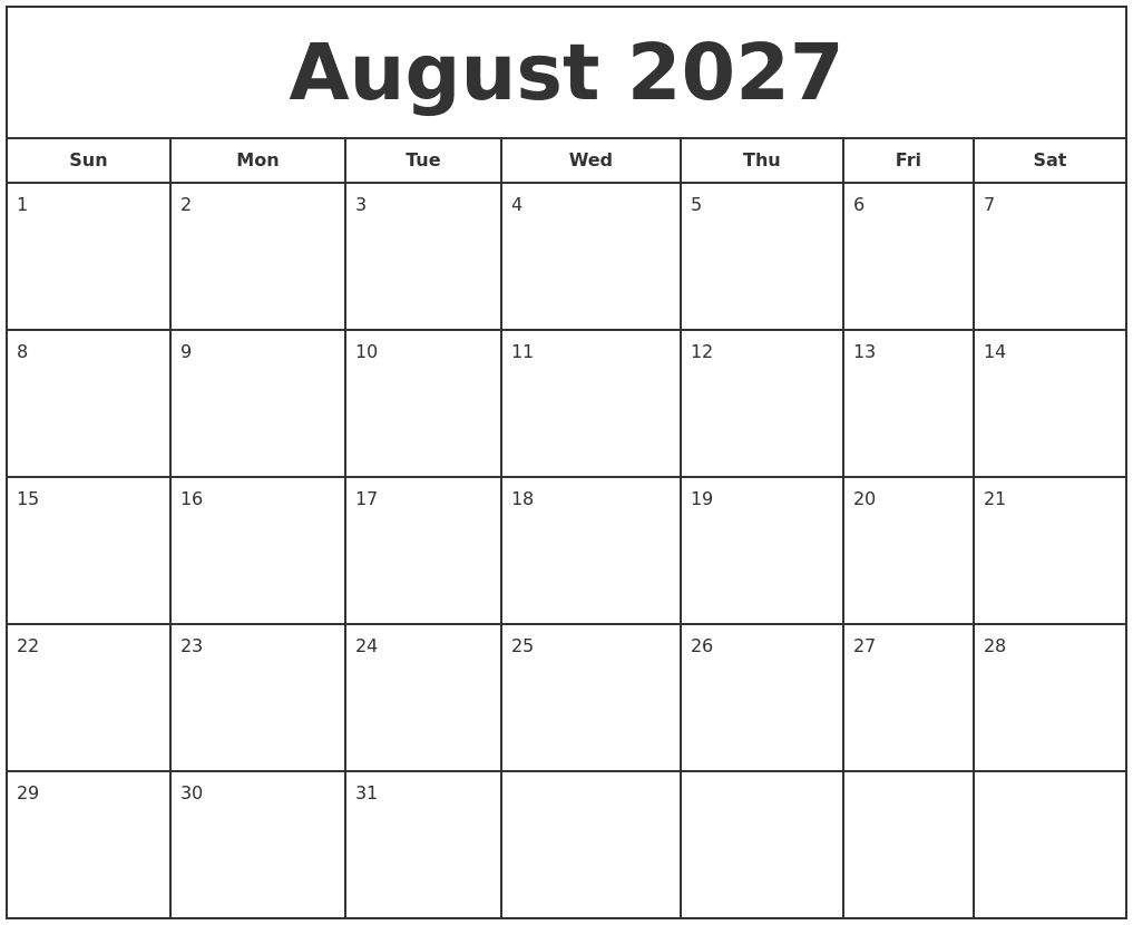 August 2027 Print Free Calendar