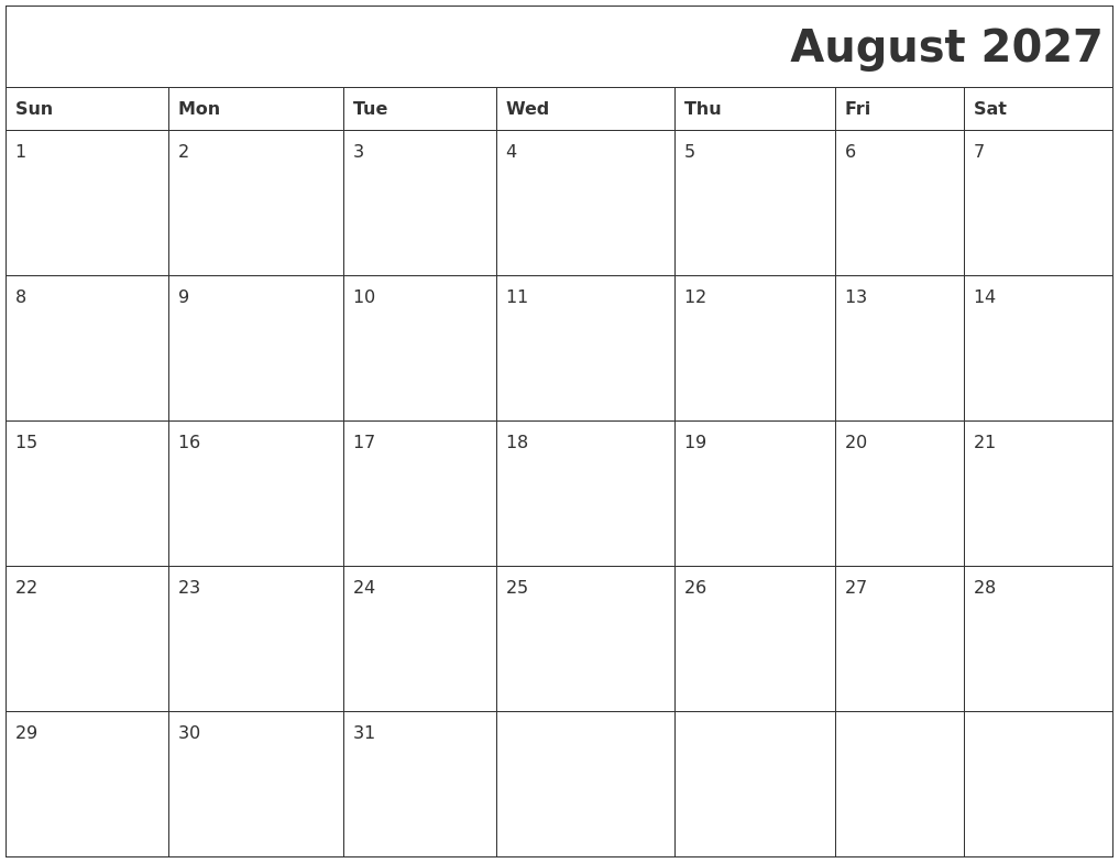 August 2027 Printable Calender