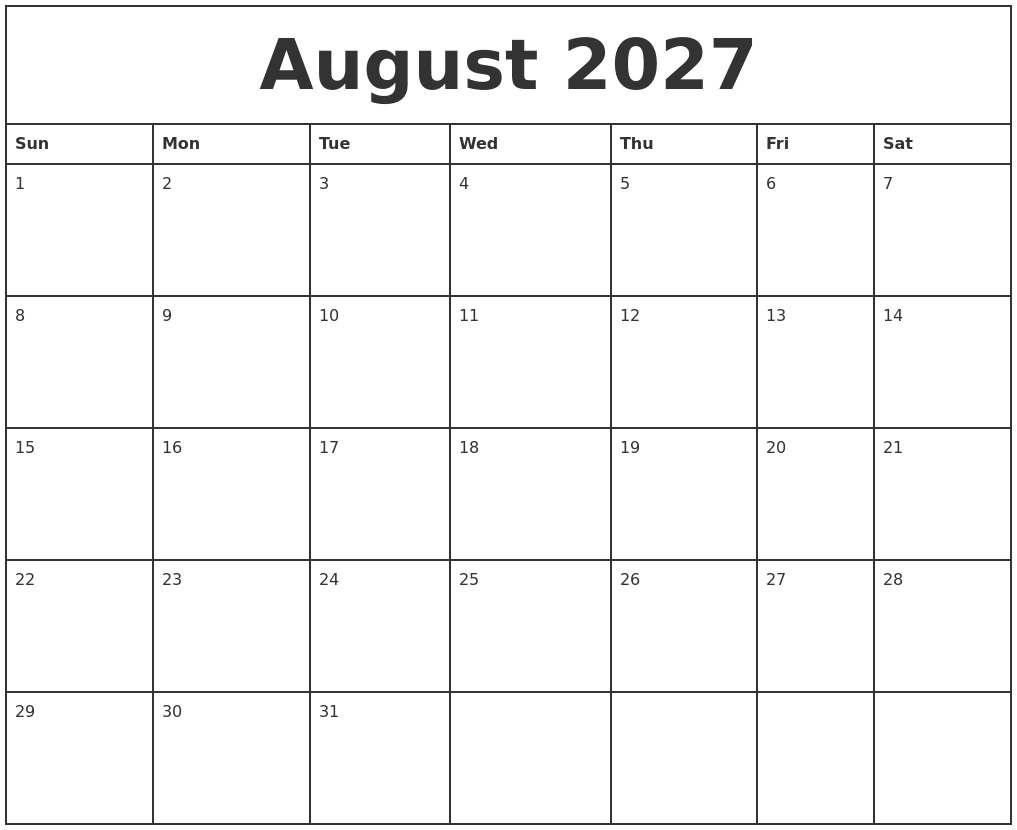 August 2027 Printable Monthly Calendar