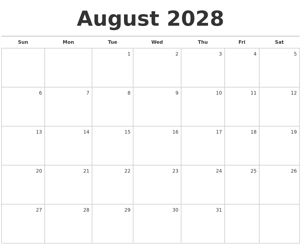 August 2028 Blank Monthly Calendar