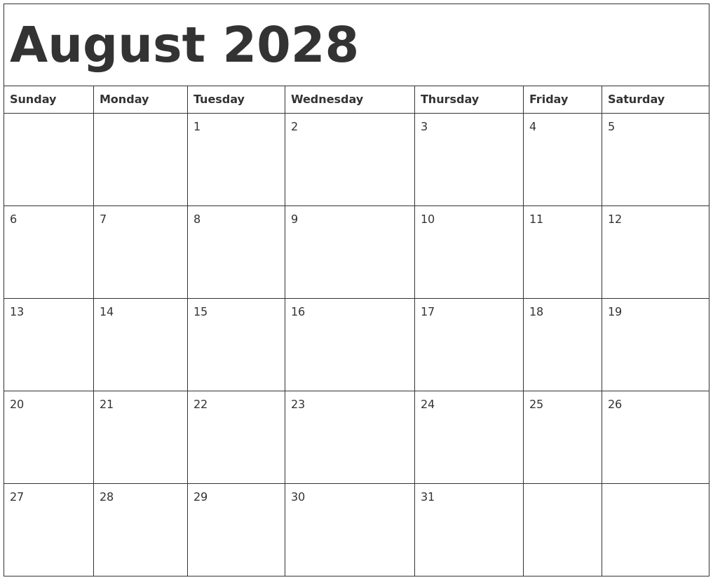August 2028 Calendar Template