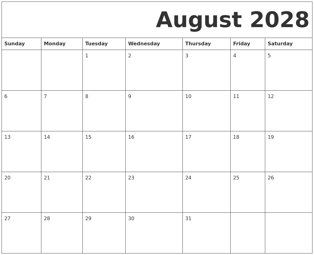 August 2028 Free Printable Calendar