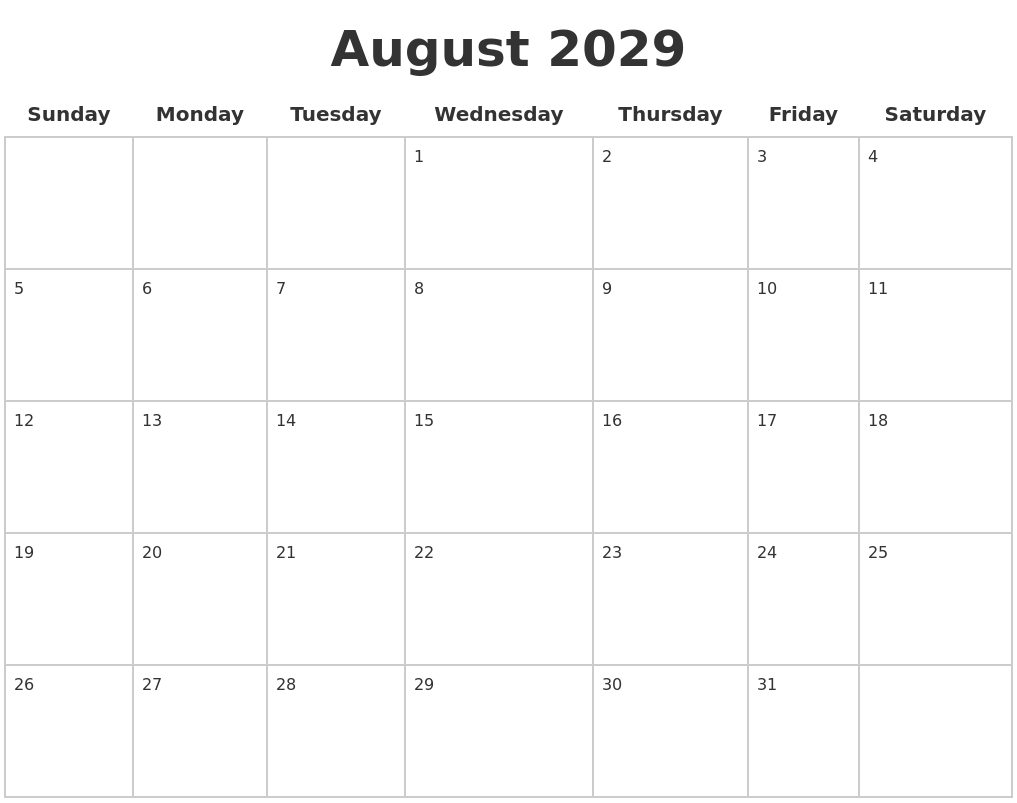 August 2029 Blank Calendar Pages