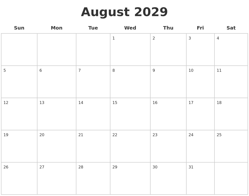 August 2029 Blank Calendar Pages