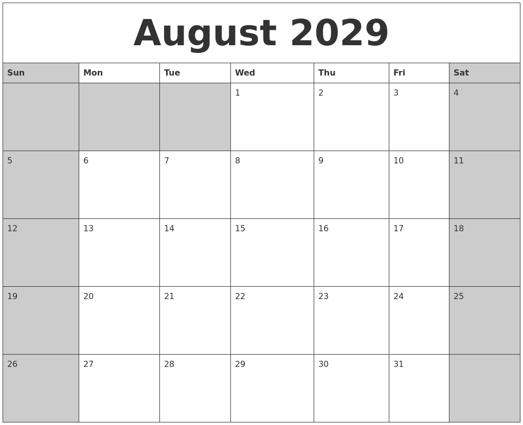 August 2029 Calanders