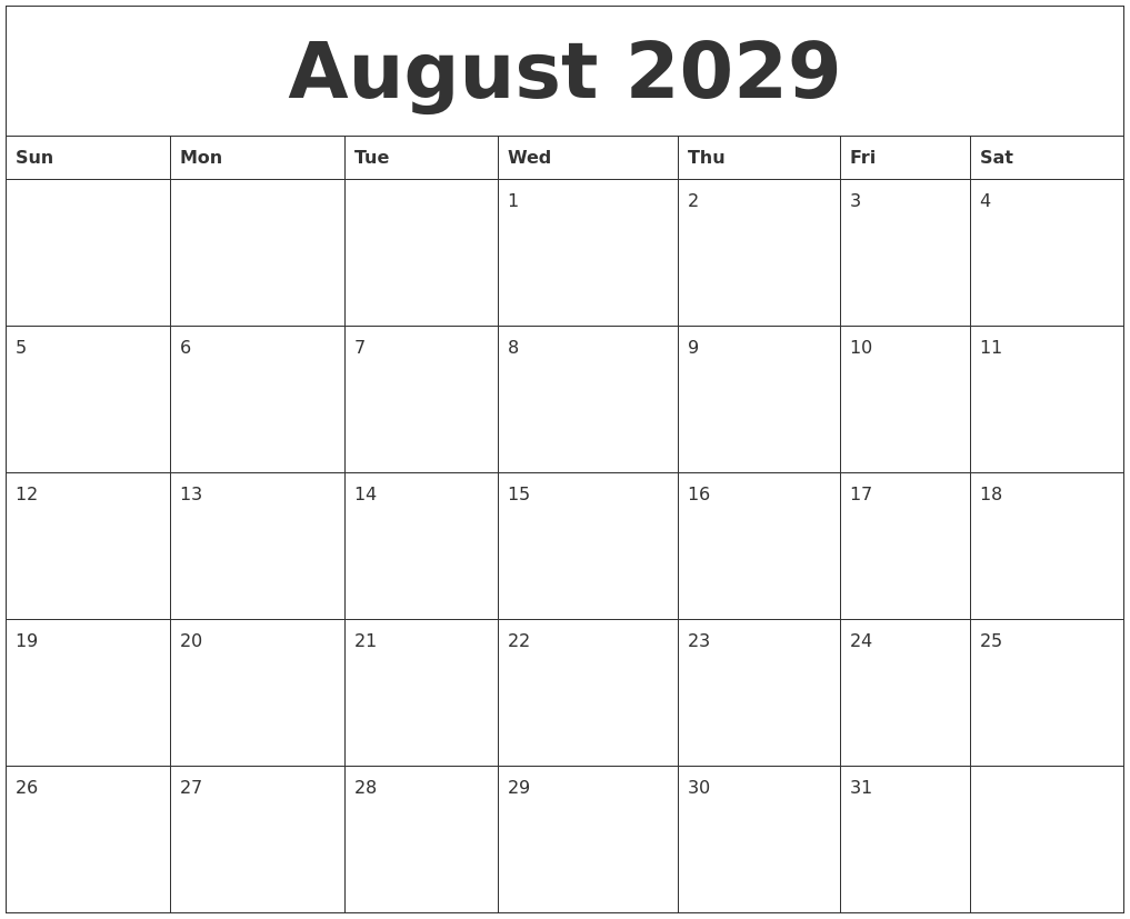 August 2029 Calendar Month