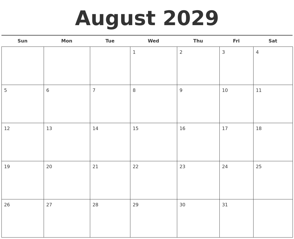 August 2029 Free Calendar Template