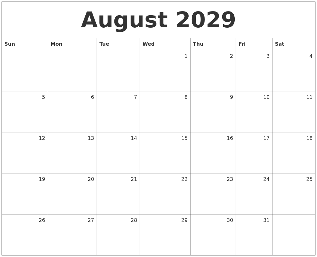 August 2029 Monthly Calendar