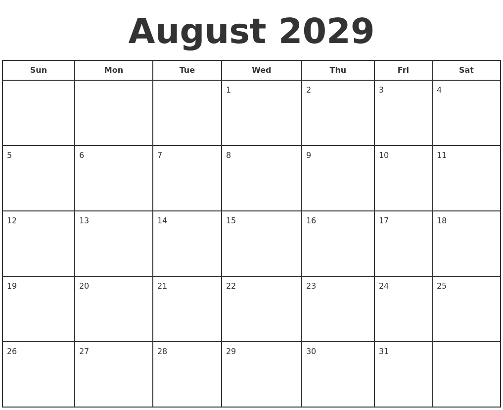 August 2029 Print A Calendar