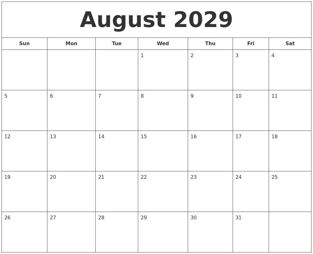August 2029 Printable Calendar
