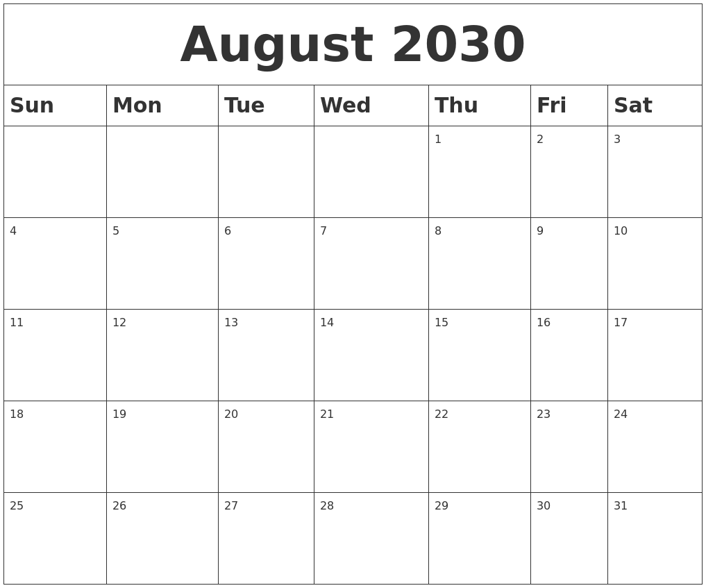 August 2030 Blank Calendar