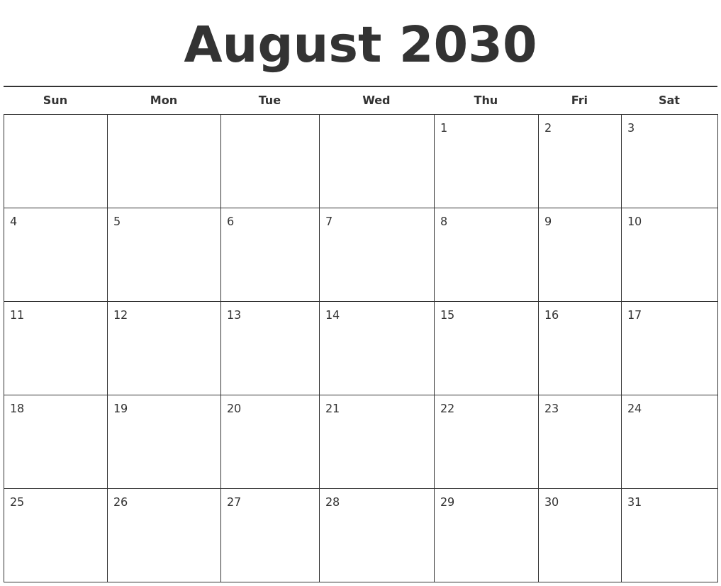 August 2030 Free Calendar Template August 2030 Free Calendar Template
