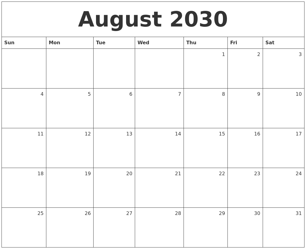 August 2030 Monthly Calendar