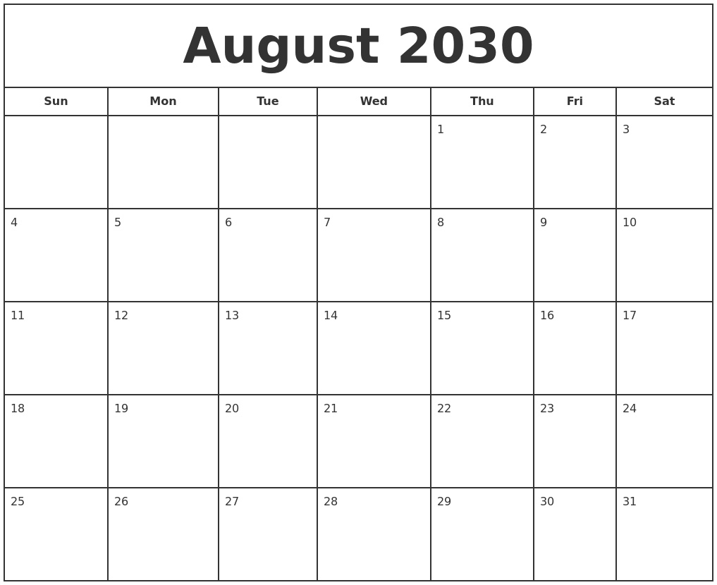 August 2030 Print Free Calendar