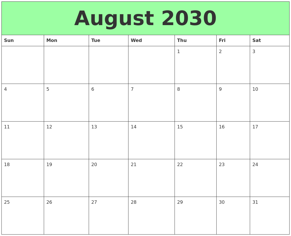 August 2030 Printable Calendars