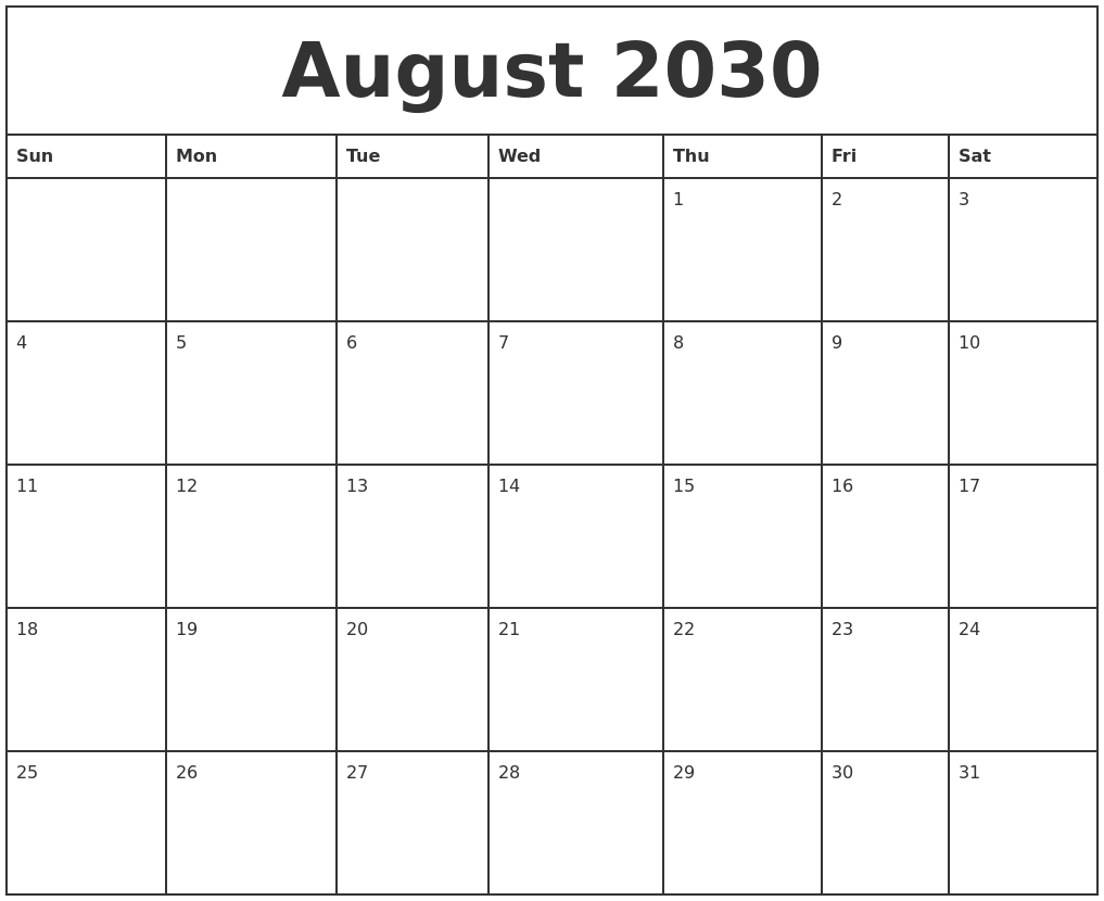 August 2030 Printable Monthly Calendar