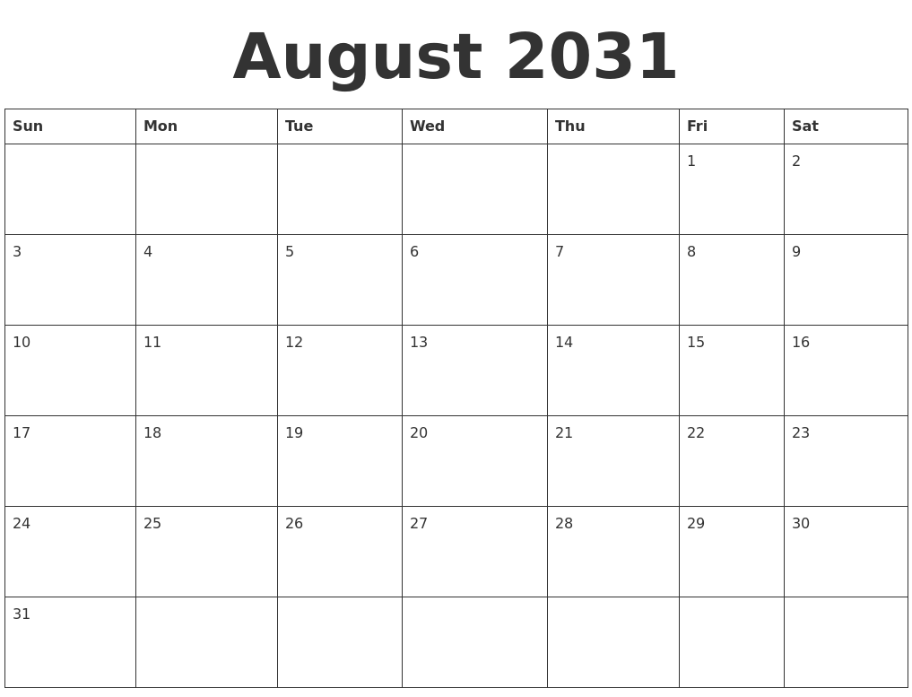 August 2031 Blank Calendar Template