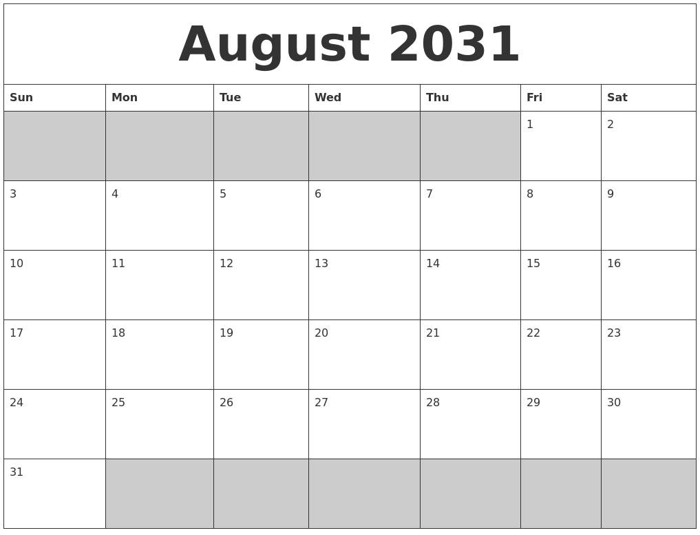 August 2031 Blank Printable Calendar