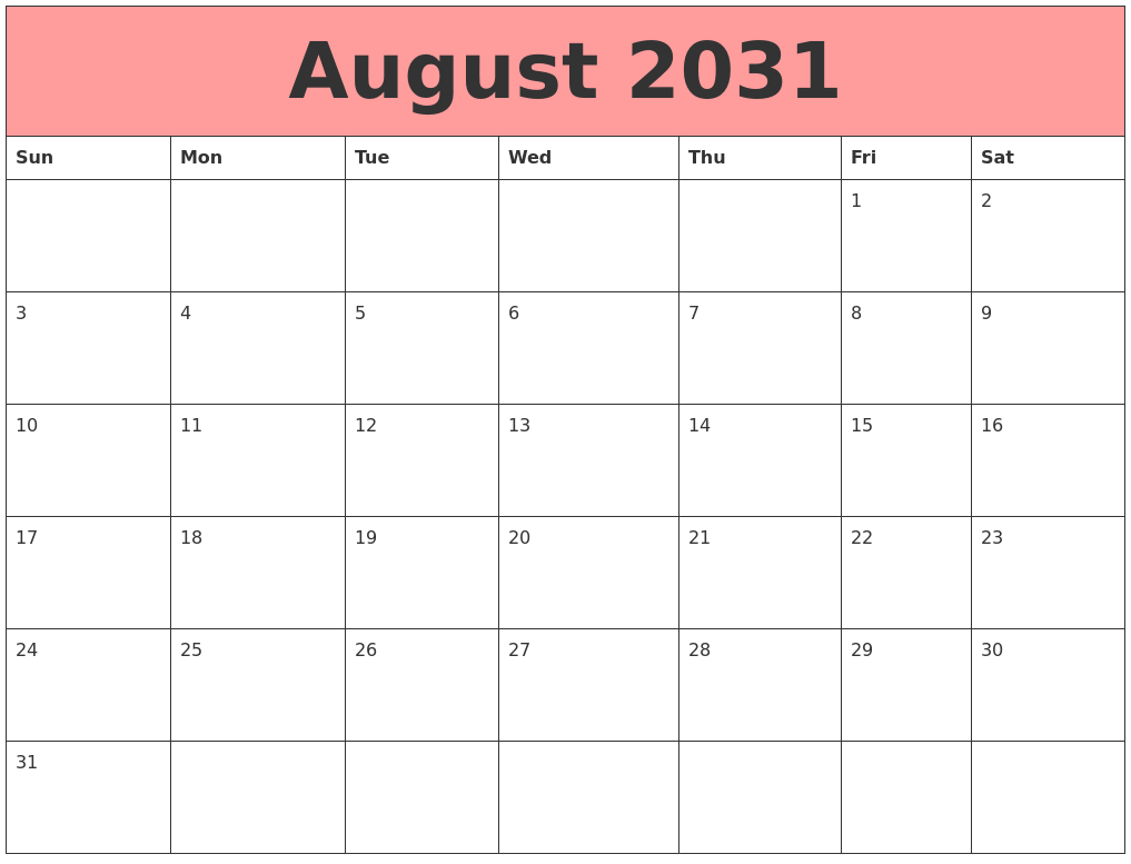 August 2031 Calendars That Work