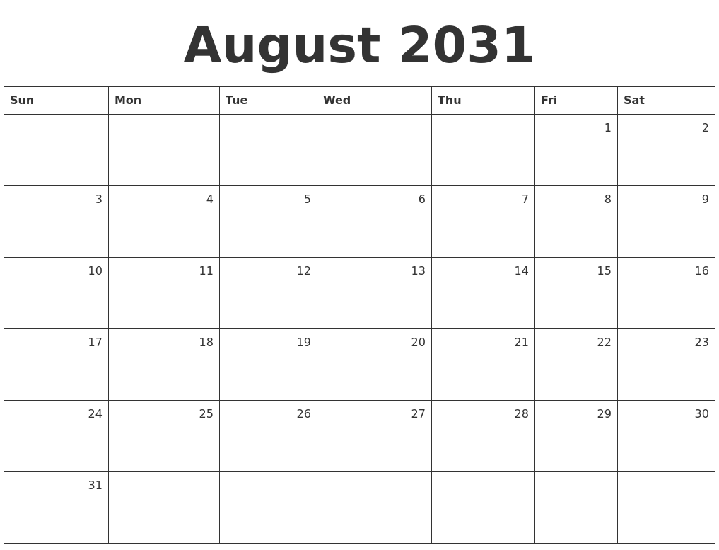 August 2031 Monthly Calendar