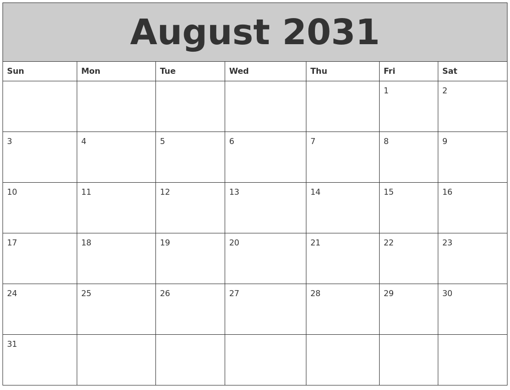 August 2031 My Calendar