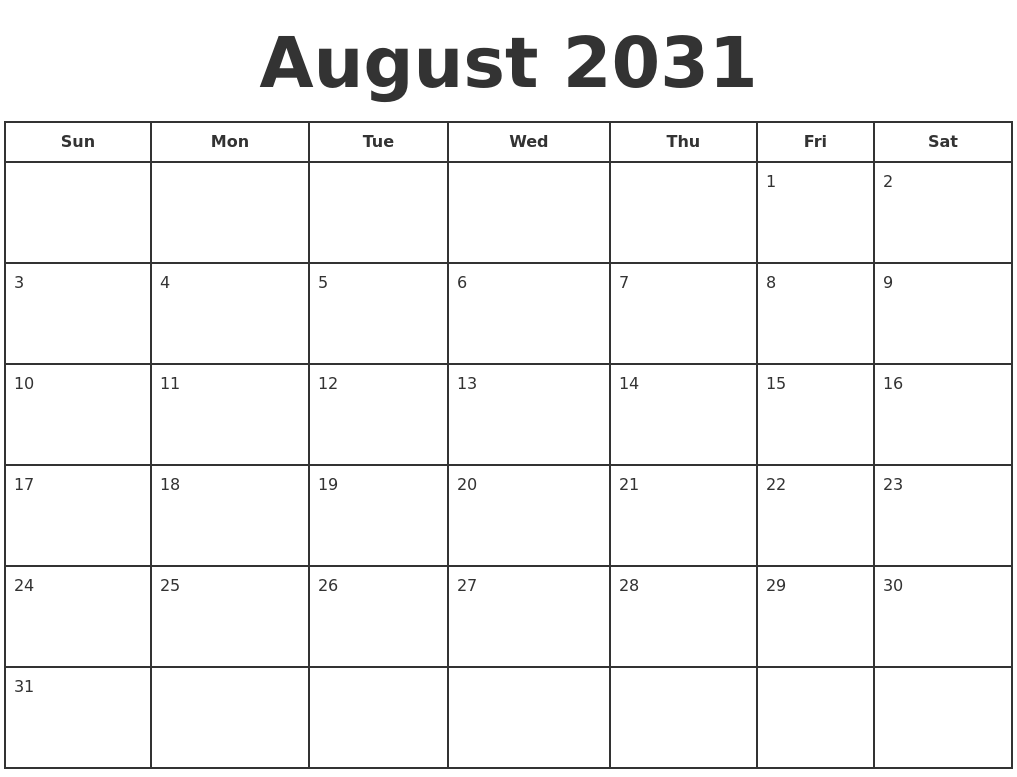 August 2031 Print A Calendar