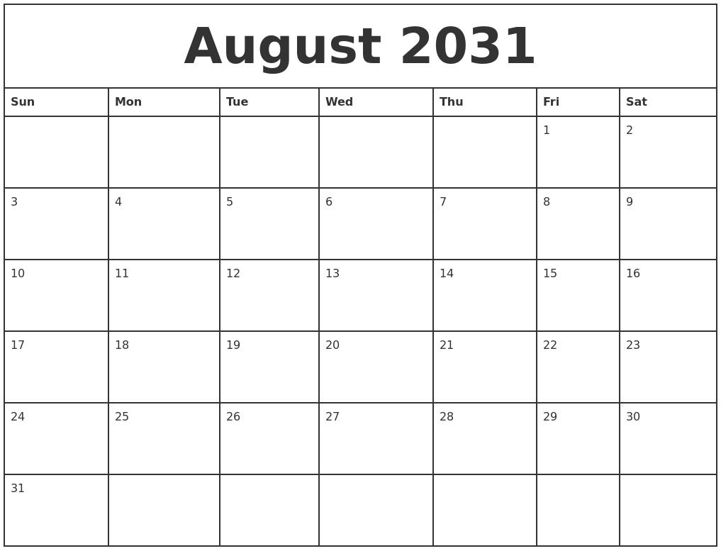 August 2031 Printable Monthly Calendar