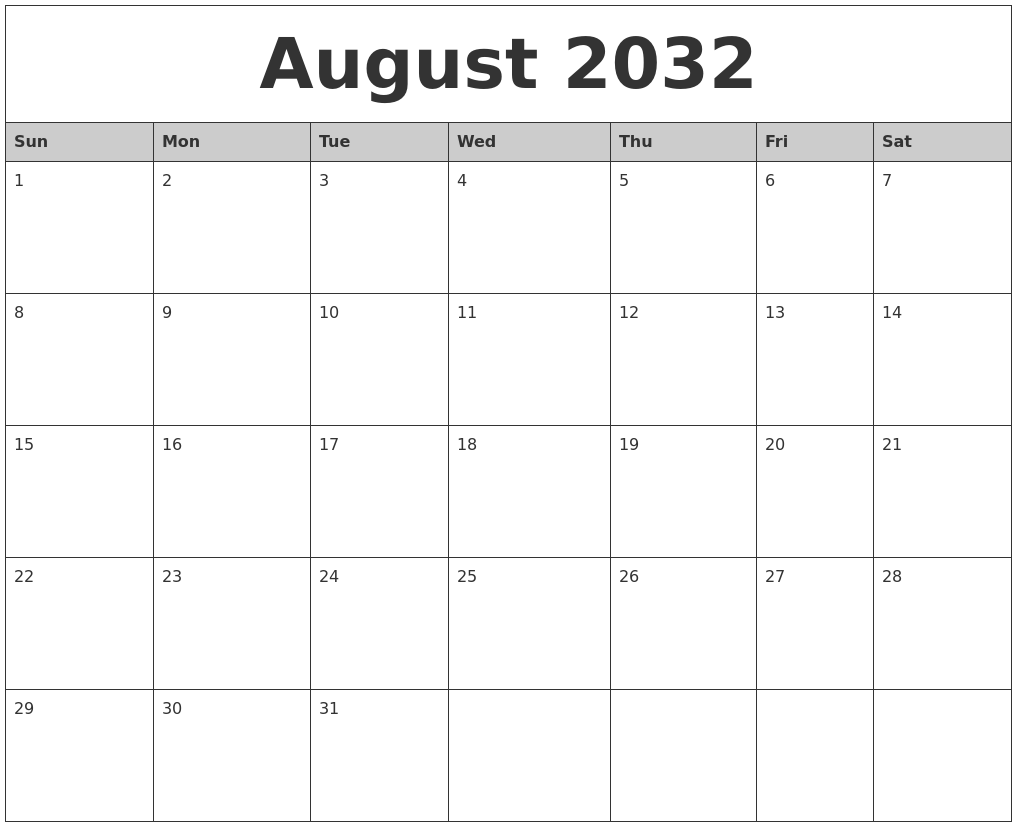 August 2032 Monthly Calendar Printable