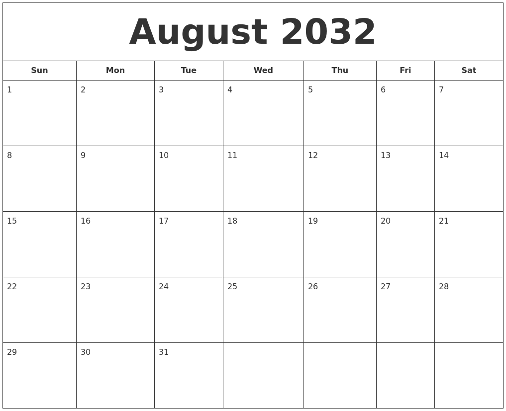 August 2032 Printable Calendar