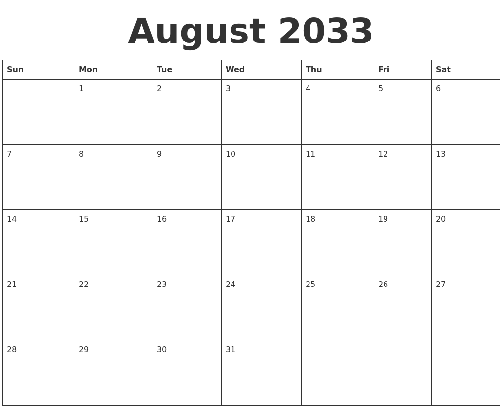 August 2033 Blank Calendar Template