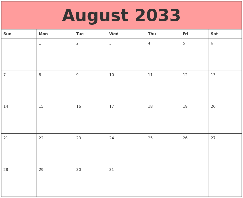 August 2033 Calendars That Work