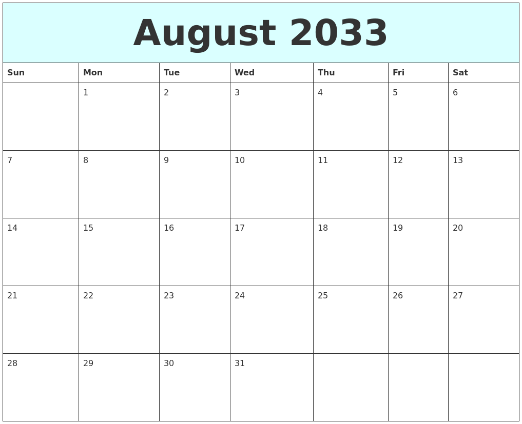 August 2033 Free Calendar