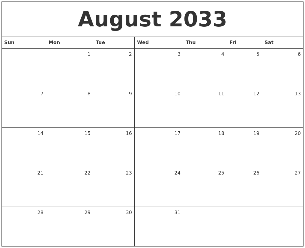 August 2033 Monthly Calendar