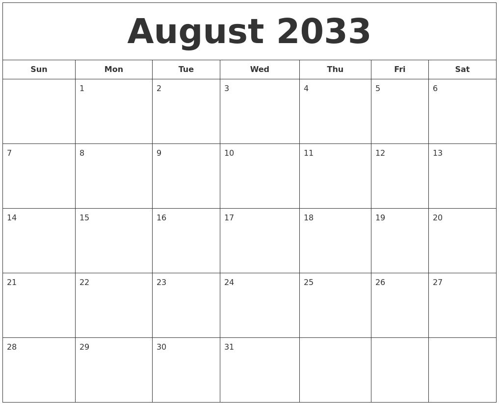 August 2033 Printable Calendar