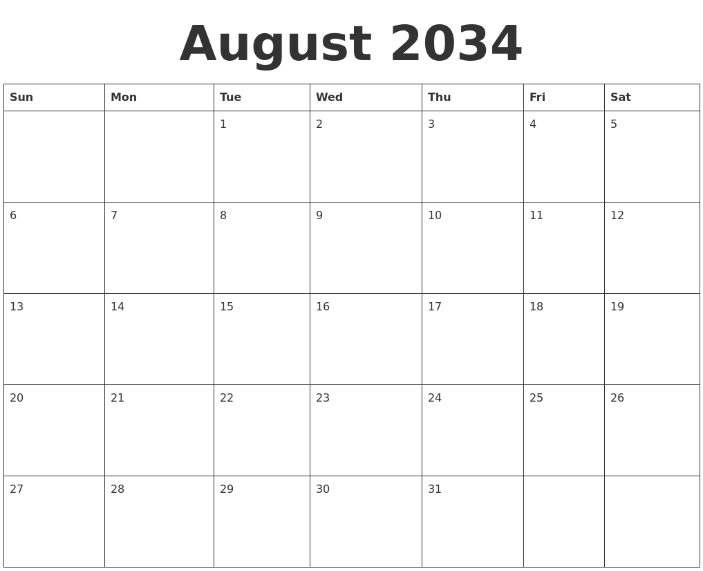 August 2034 Blank Calendar Template
