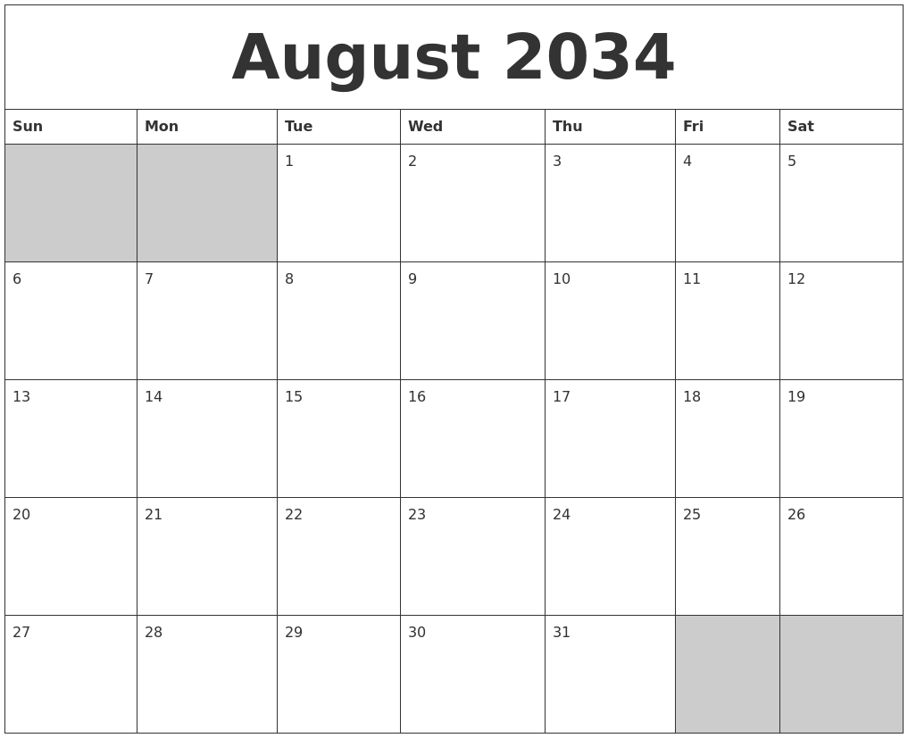 August 2034 Blank Printable Calendar