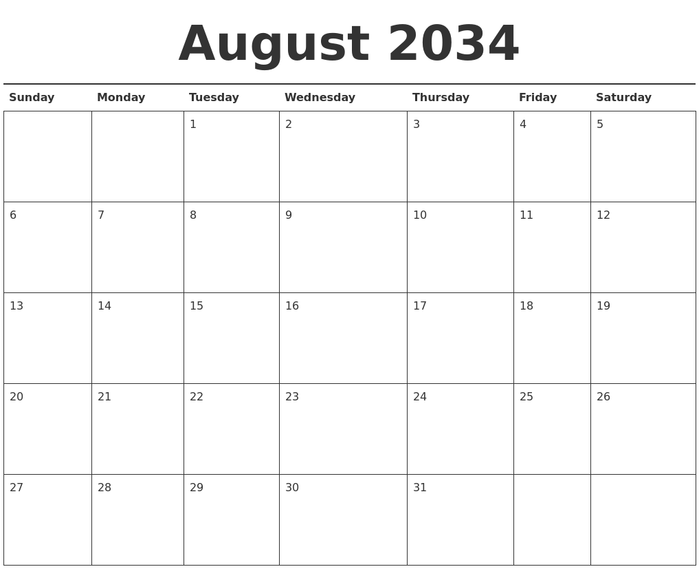 August 2034 Calendar Printable August 2034 Calendar Printable