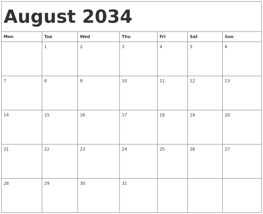 August 2034 Calendar Template August 2034 Calendar Template