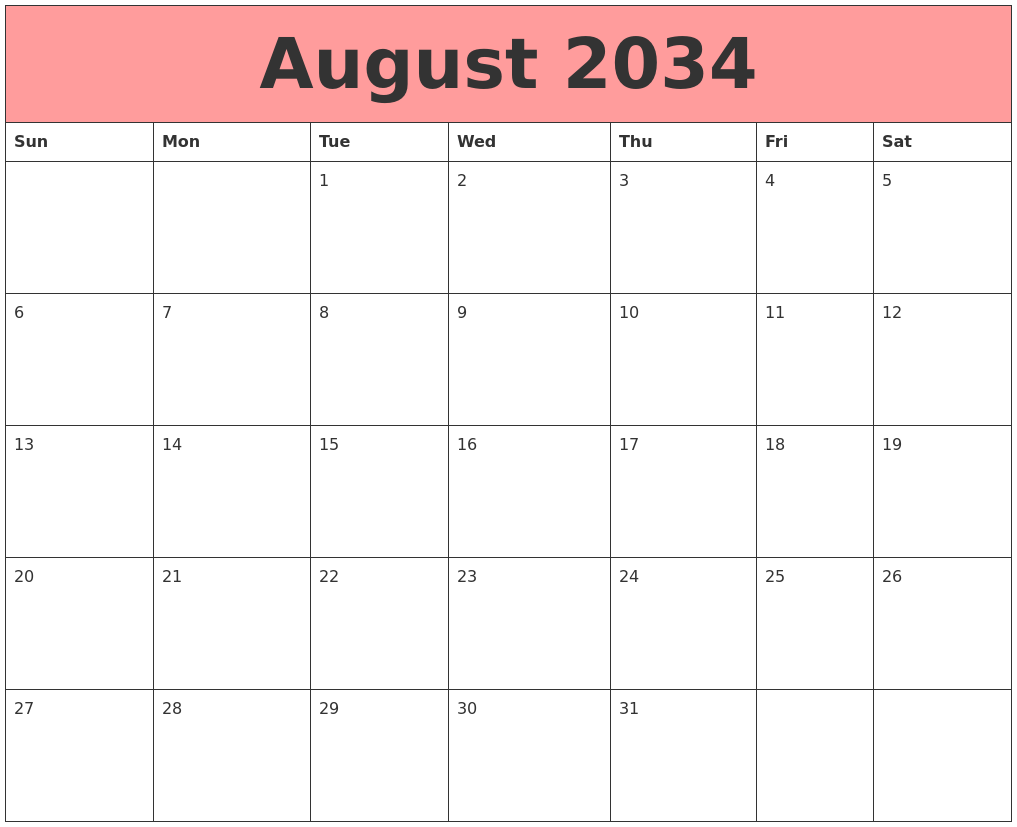 August 2034 Calendars That Work