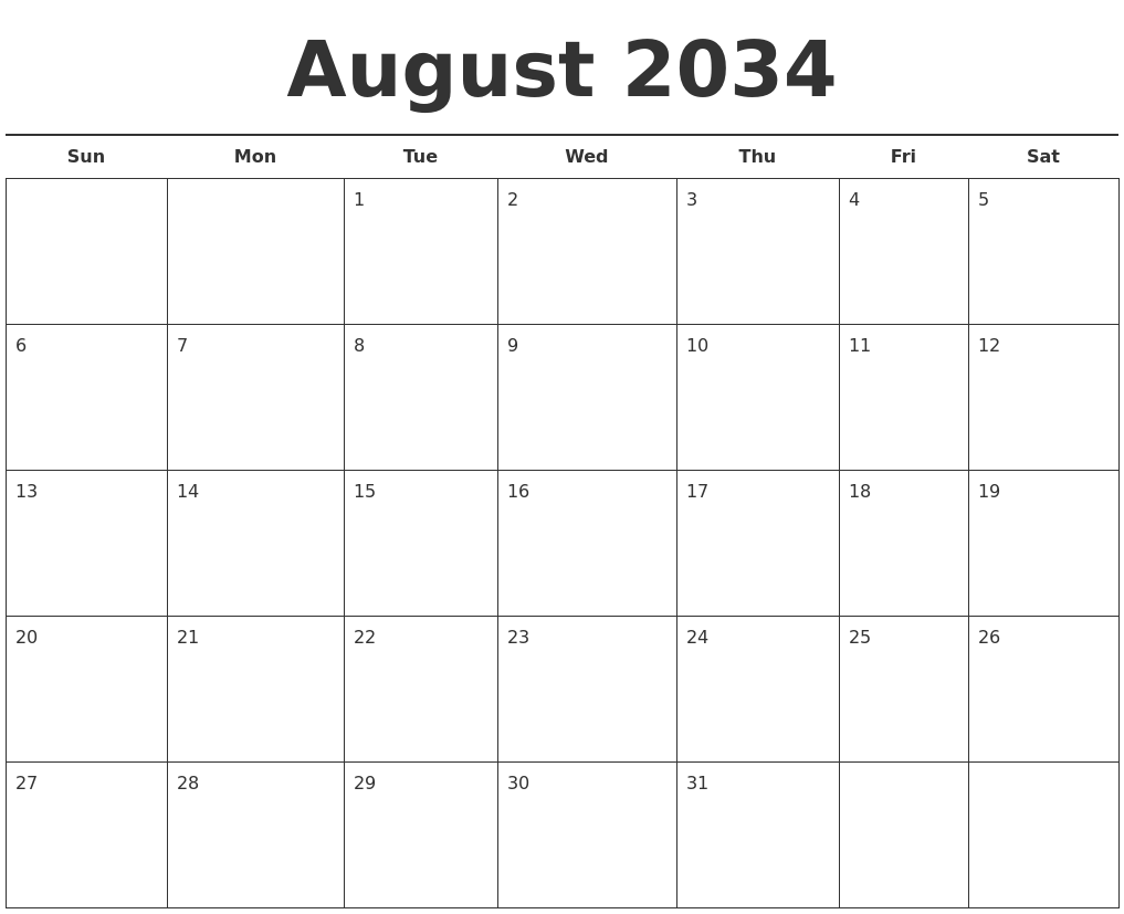 August 2034 Free Calendar Template
