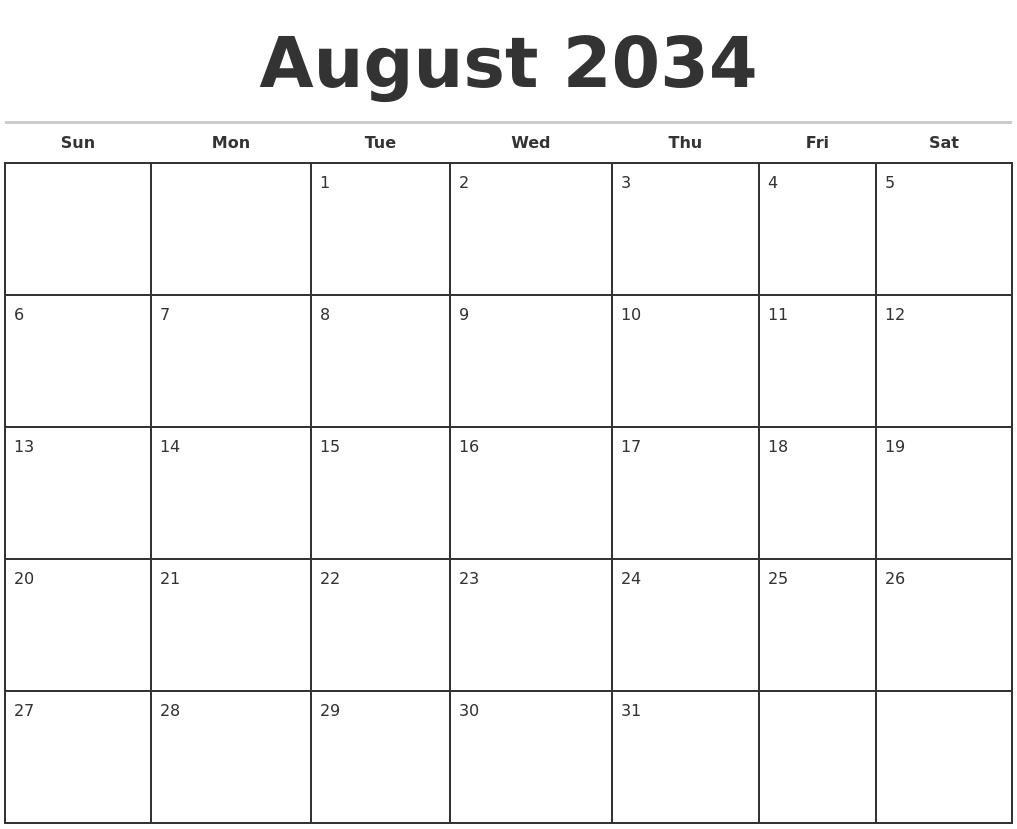 August 2034 Monthly Calendar Template