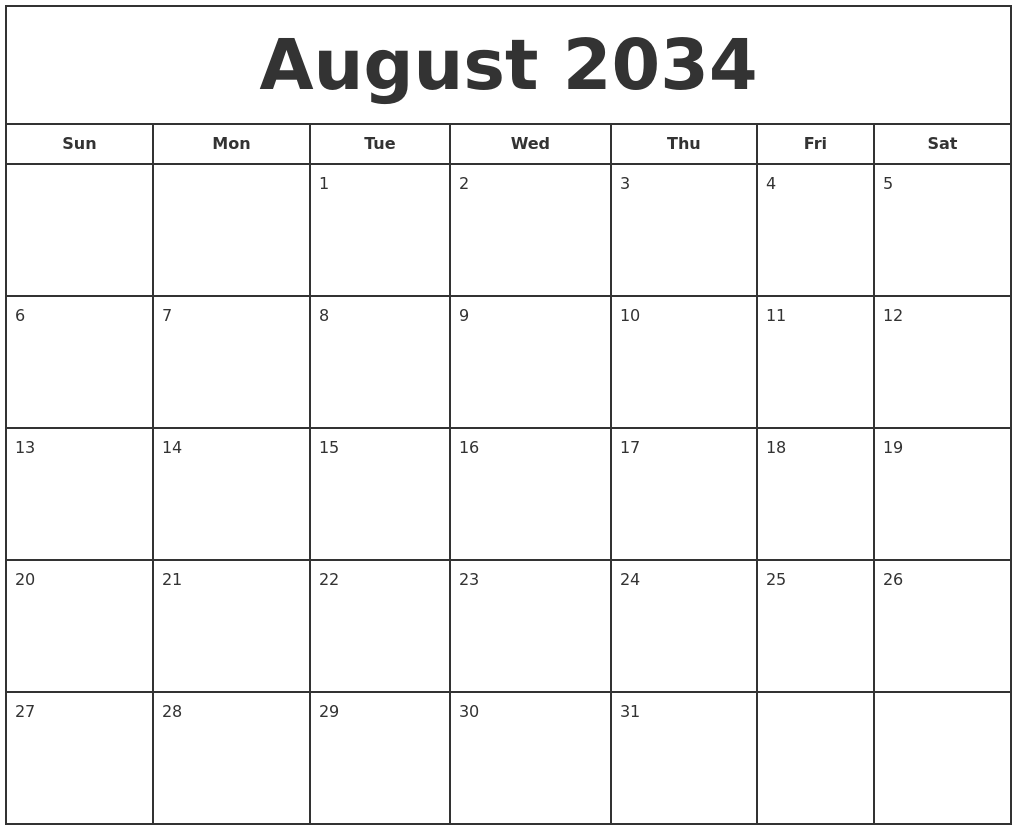 August 2034 Print Free Calendar