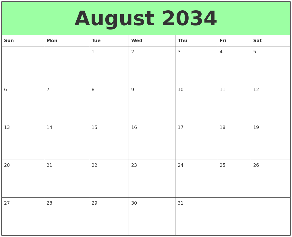 August 2034 Printable Calendars