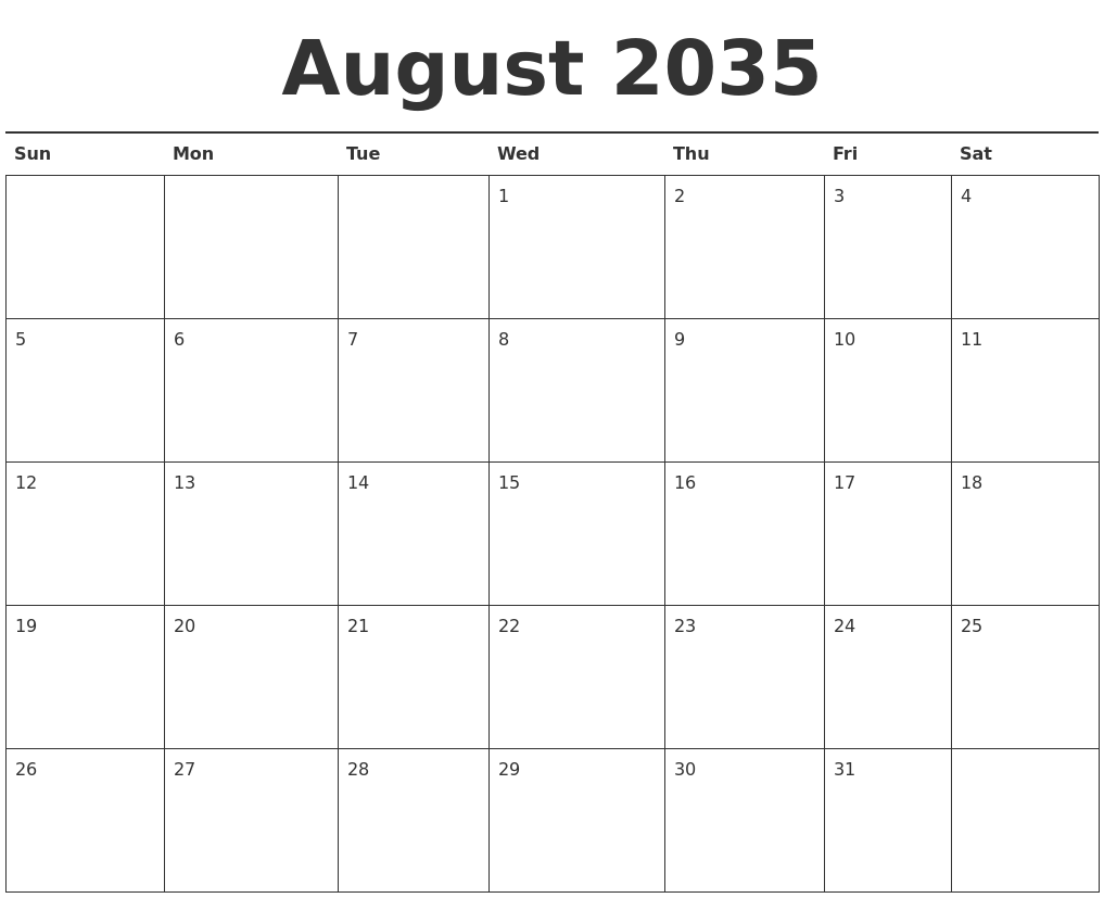 August 2035 Calendar Printable