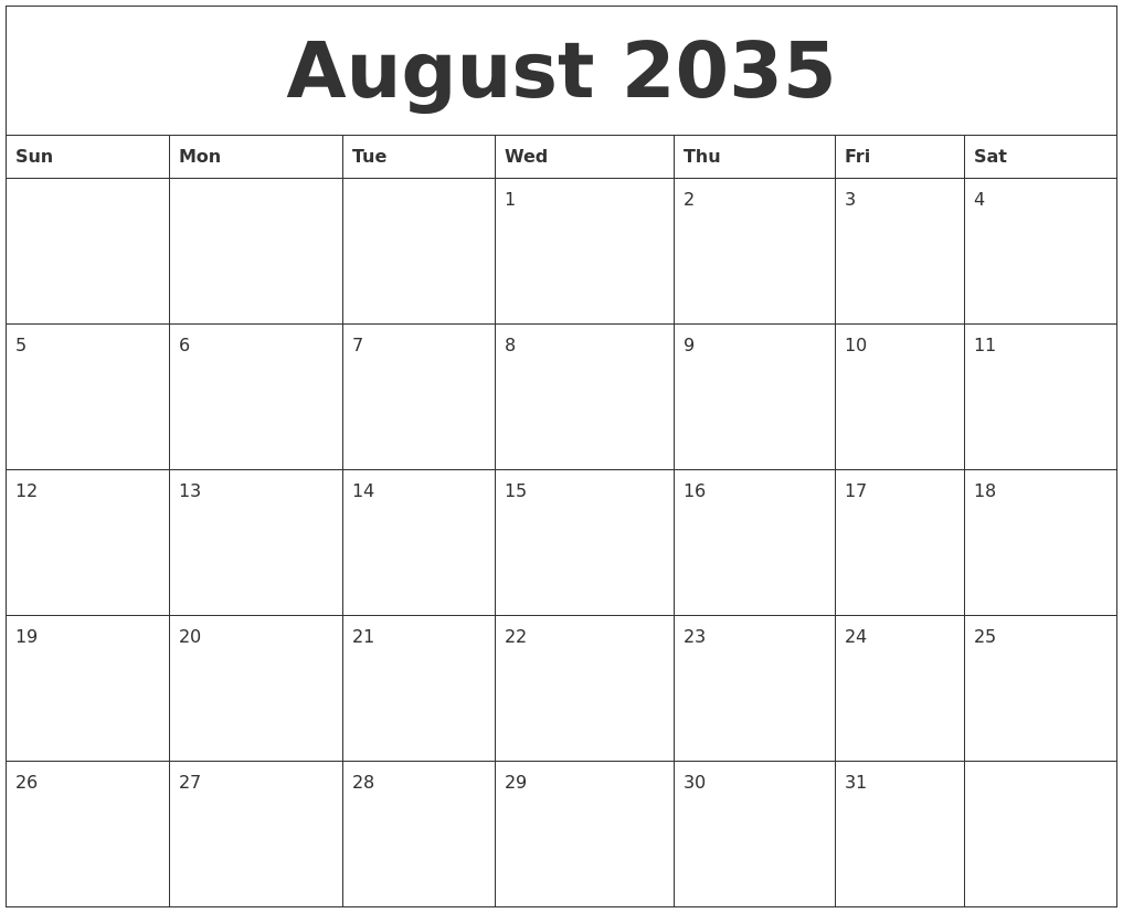 August 2035 Editable Calendar Template
