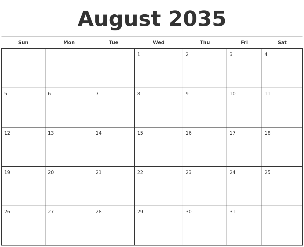 August 2035 Monthly Calendar Template